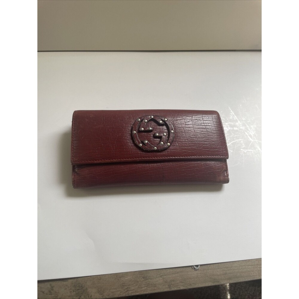 Gucci Interlocking G Bi-fold Long Wallet Red Leather Authentic Snap Closure